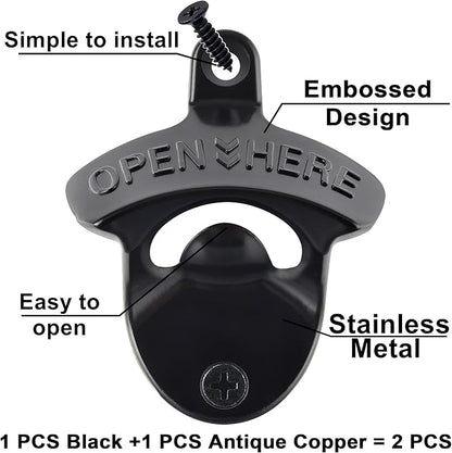 Old Fashion Bottle Opener Wall Mounted Stainless OPEN HERE Black Screw in Wall Beer Soda Bottle Cap Opener Rustic Copper for Table Cooler Post (2 PCS)