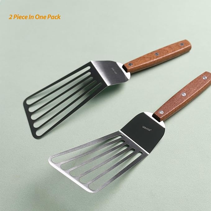 2 Pack Offset Fish Spatula Turner, Stainless Steel Slotted Spatulas for Flipping, Turning, Frying & Grilling, Offset Metal Slotted Spatulas, Wooden Full Tang Handle - Image 3