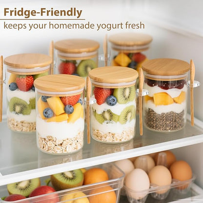 TBWIND 6 Pack Overnight Oats Containers with Lids and Spoons, 16oz Glass Jars with Bamboo Lids, Airtight Meal Prep Yogurt Containers for Breakfast, Parfait, Salad, Chia Pudding