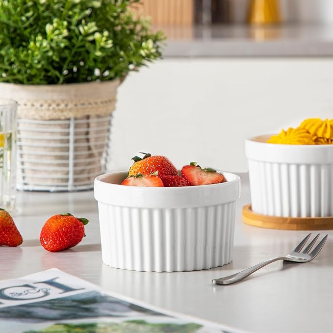 vancasso 10 oz Ramekins with Lid, Porcelain Creme Brulee Souffle Dishes, White Pudding Custard Cups Ramiken for Baking, Dishwasher and Oven Safe, Set of 6 - Image 9