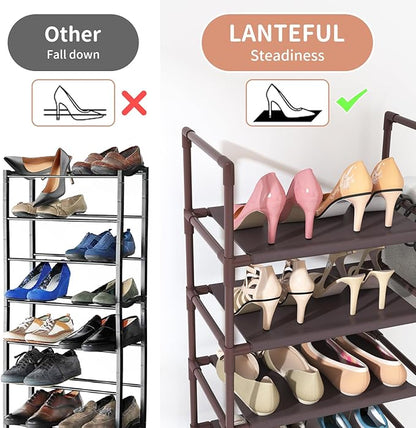 LANTEFUL 10 Tiers Tall Shoe Rack 20-25 Pairs Boots Organizer Storage Sturdy Narrow Shoe Shelf for Entryway, Closets with Hooks, Brown - Image 6