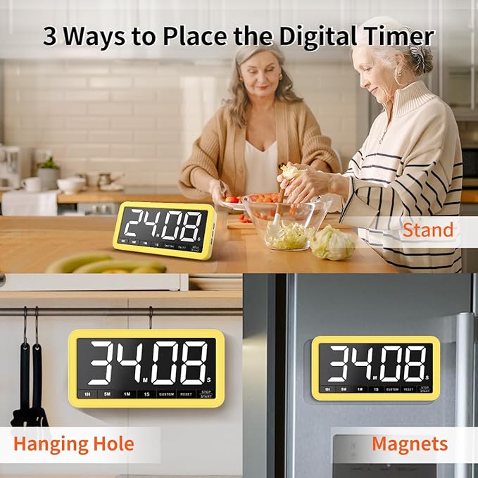 VOCOO Digital Kitchen Timer with 7.8” Extra Large Display, Magnetic, 3 Brightness, 4 Alarms and 3 Volume Levels, Battery Countdown Count Up Timer for Cooking, Classroom, Home Gym (Yellow) - Image 6
