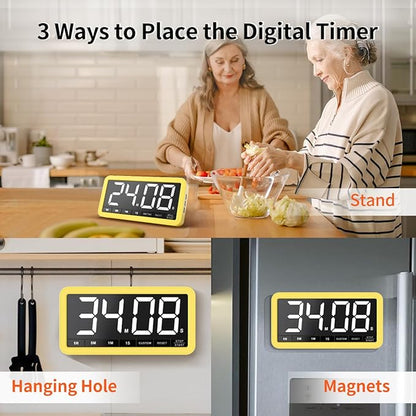VOCOO Digital Kitchen Timer with 7.8” Extra Large Display, Magnetic, 3 Brightness, 4 Alarms and 3 Volume Levels, Battery Countdown Count Up Timer for Cooking, Classroom, Home Gym (Yellow) - Image 6