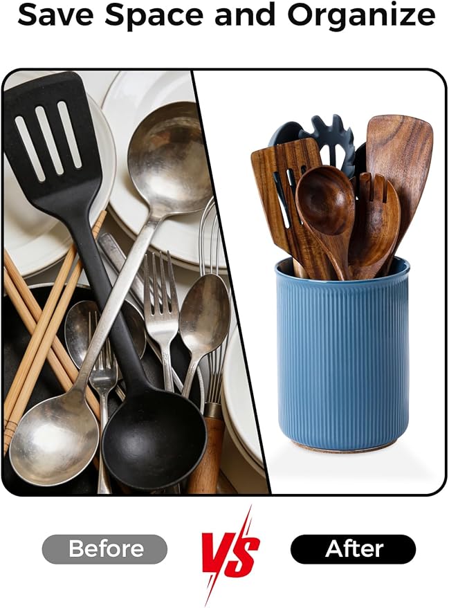 LoeJan Utensil Holder, Extra Large Utensil Crock, Stable Ceramic Utensil Organizer, Cooking Tool Organizer Set for Kitchen Counter Farmhouse Décor, Blue - Image 6