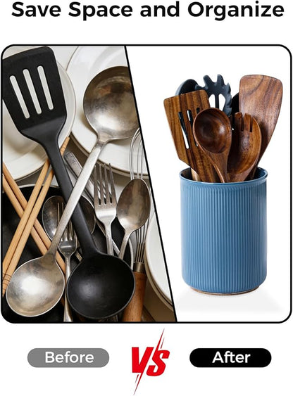 LoeJan Utensil Holder, Extra Large Utensil Crock, Stable Ceramic Utensil Organizer, Cooking Tool Organizer Set for Kitchen Counter Farmhouse Décor, Blue - Image 6