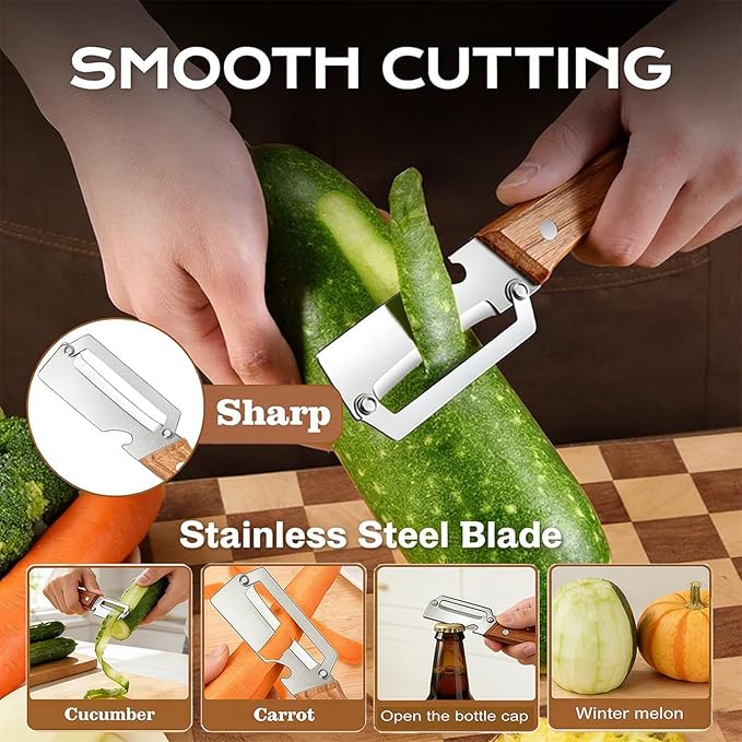 NEW Premium Vegetable Peeler with Wooden Handle and Bottle Opener: 2-in-1 Stainless Steel Kitchen Tool for Fruit Apple Potato Pumpkin Papaya (1Pcs) - Image 2