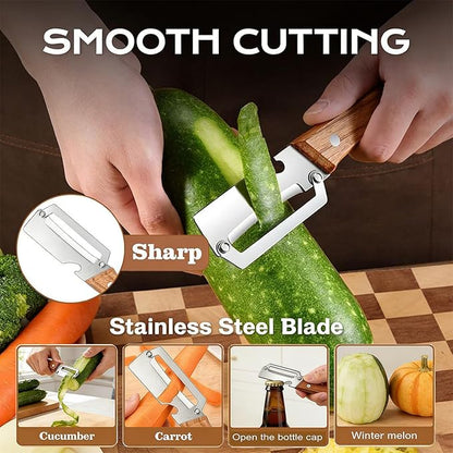 2-in-1 stainless steel vegetable peeler with wooden handle and bottle opener, stainless steel blade, non-slip kitchen fruit peeler（2pcs） - Image 2