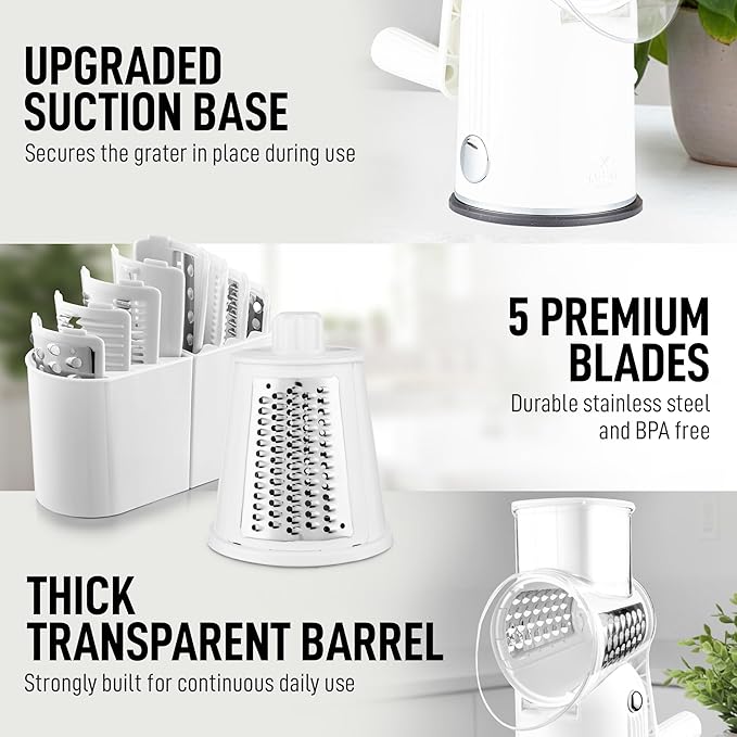 Zulay Kitchen Rotary Cheese Grater 5 Blade Cheese Shredder - Manual Hand Crank Cheese Grater With Reinforced Suction & 5 Interchangeable Drums - Easy to Use, Vegetable Chopper Round Mandoline Slicer - Image 8