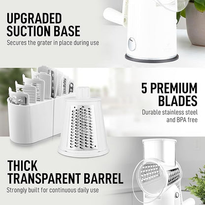 Zulay Kitchen Rotary Cheese Grater 5 Blade Cheese Shredder - Manual Hand Crank Cheese Grater With Reinforced Suction & 5 Interchangeable Drums - Easy to Use, Vegetable Chopper Round Mandoline Slicer - Image 8