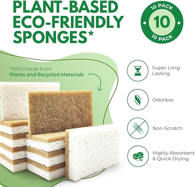 10 Pack Biodegradable Natural Kitchen Sponge - Compostable Cellulose and Coconut Walnut Scrubber Sponge - Eco Friendly Sponges for Dishes - Image 2