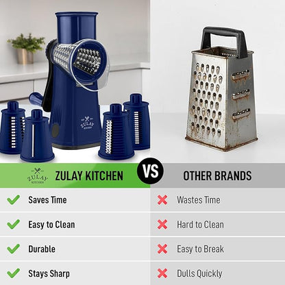 Zulay Kitchen Rotary Cheese Grater 5 Blade Cheese Shredder - Manual Hand Crank Cheese Grater With Reinforced Suction & 5 Interchangeable Drums - Easy to Use, Vegetable Chopper Round Mandoline Slicer - Image 2