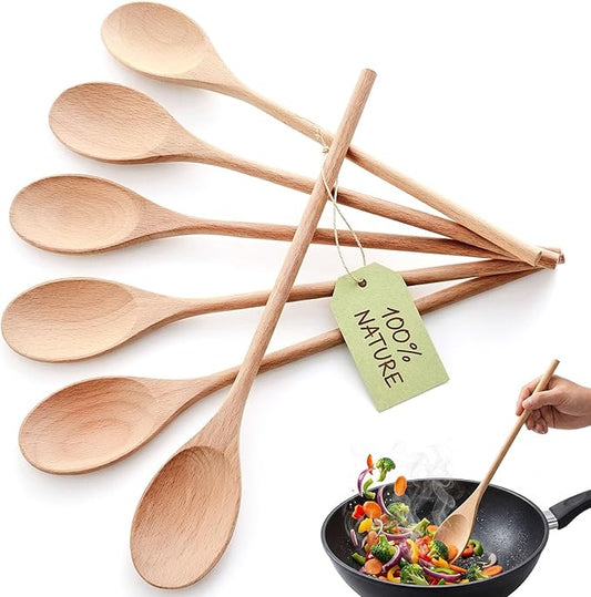 HANSGO 6PCS Wooden Spoons, 12 Inch Wooden Mixing Spoons Long Handle, Large Wood Kitchen Utensils for Cooking Stirring Baking Tasting, DIY Available
