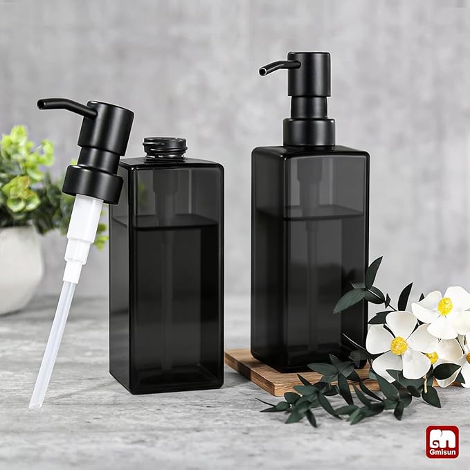 GMISUN Black Glass Soap Dispenser, Hand Soap Dispenser with Stainless Steel Pump for Bathroom, 12 fl oz/350ml Refillable Dish Dispensers for Kitchen, Modern Liquid Lotion Bottles for Countertop - Image 7
