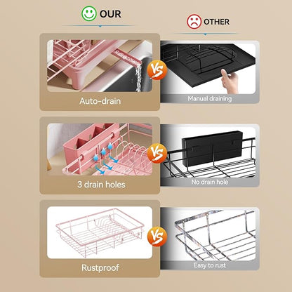 Laveshop Dish Drying Rack - Expandable Rack, Large Capacity Dish Drainer for Kitchen Counter, Rust-Proof with Utensil Holder, Pink - Image 3