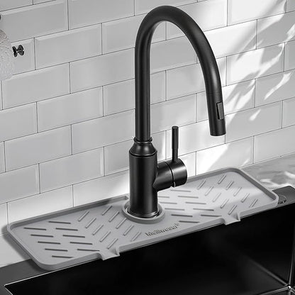 Silicone Faucet Mat for Kitchen Sink – Gen 2 Splash Guard with Upgraded Outlet & Slope – 18” x 5.1” Water Catcher & Sink Sponge Holder for Kitchen and Bathroom (Gray)