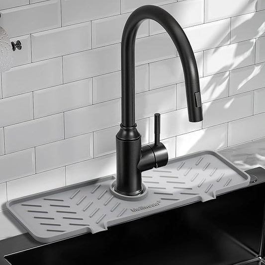 Silicone Faucet Mat for Kitchen Sink – Gen 2 Splash Guard with Upgraded Outlet & Slope – 18” x 5.1” Water Catcher & Sink Sponge Holder for Kitchen and Bathroom (Gray)