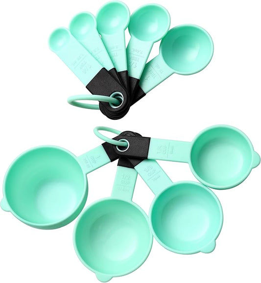 Spring Chef Mint Magnetic Measuring Cups and Spoons Set of 9, Stackable Plastic Kitchen Tool with Easy to Read Markings - Measure Dry or Liquid Ingredient for Baking & Cooking, BPA Free