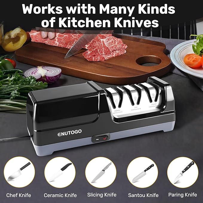 Enutogo Knife Sharpener, 3-Stage Electric Knife Sharpener for Kitchen Knives, 100% Diamond Abrasive with Quick Sharpening & Polishing, Professional Sharpening Tool with Metal Dust Collection Box - Image 4