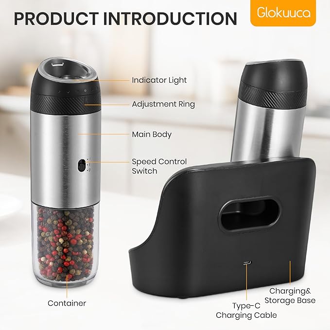 Rechargeable Gravity Electric Salt Grinder Set with Variable Grinding Speed, External Adjustable Coarseness,Charging Base and White LED Light,Stainless Steel - Image 2