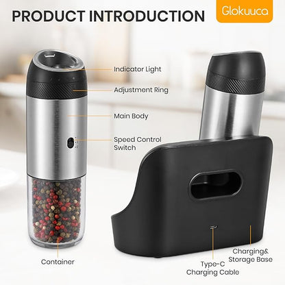 Rechargeable Gravity Electric Salt Grinder Set with Variable Grinding Speed, External Adjustable Coarseness,Charging Base and White LED Light,Stainless Steel - Image 2