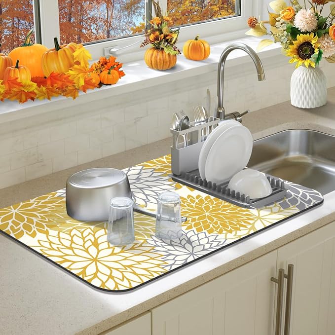 Findosom 2PCS 12" x 20" Fall Dish Drying Mat & 24" x 5.5" Sink Splash Guard, Super Absorbent & Cuttable Dish Mat Drying Kitchen Mat with Yellow Floral, Hide Stain Drying Mat for Kitchen Counter - Image 5