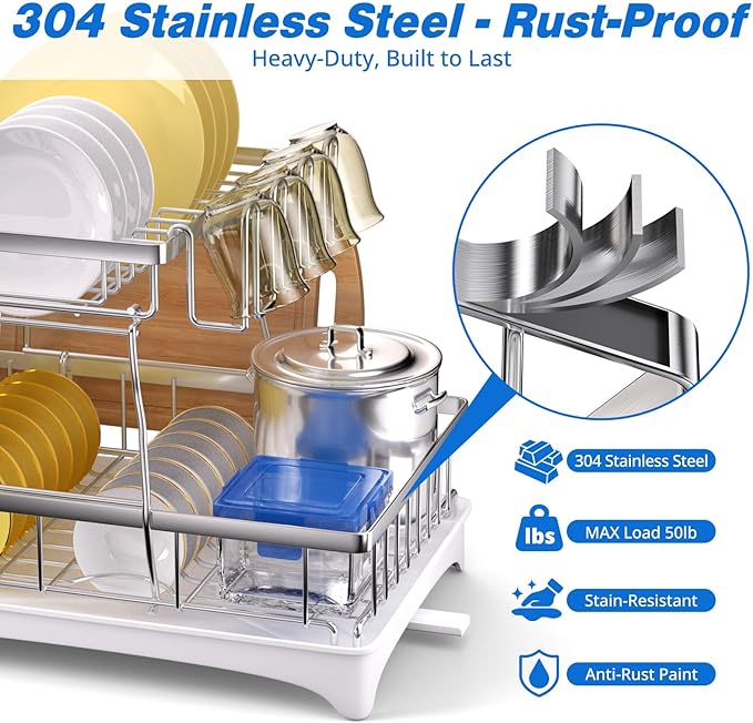 Godboat Dish Drying Rack, 2-Tier Dish Rack with Auto-Drain & Mat, 304 Stainless Steel Dish Racks for Kitchen Counter, Dish Drainer with Knife, Fork & Cup Rack, Gifts for Women, Mothers Day, Silver - Image 2