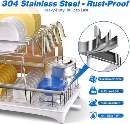 Godboat Dish Drying Rack, 2-Tier Dish Rack with Auto-Drain & Mat, 304 Stainless Steel Dish Racks for Kitchen Counter, Dish Drainer with Knife, Fork & Cup Rack, Gifts for Women, Mothers Day, Silver - Image 2