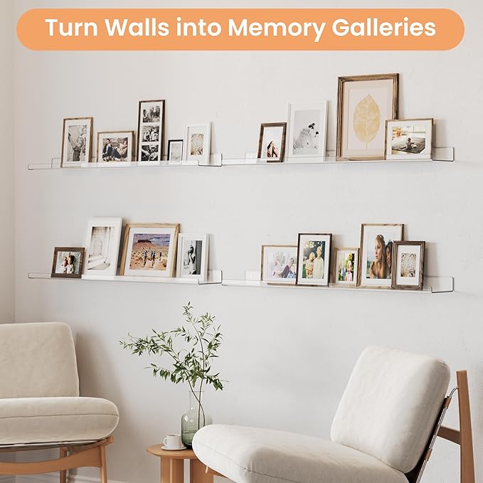 upsimples 2 Pack 35.5x5.5 Inches Acrylic Shelves for Wall Storage, Floating Bookshelves for Kids, Display Shelf Organizer for Bathroom, Bedroom, Living Room, Kitchen, Clear - Image 9
