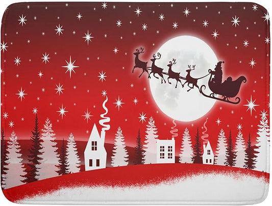 Christmas Reindeer Moon Star Red Dish Drying Mat for Kitchen Counter,White Xmas Tree Castle Drying Mat 18 x 24 Inch with Absorbent Reversible Microfiber Dish Drying Pad for Coffee Bar by Anyako