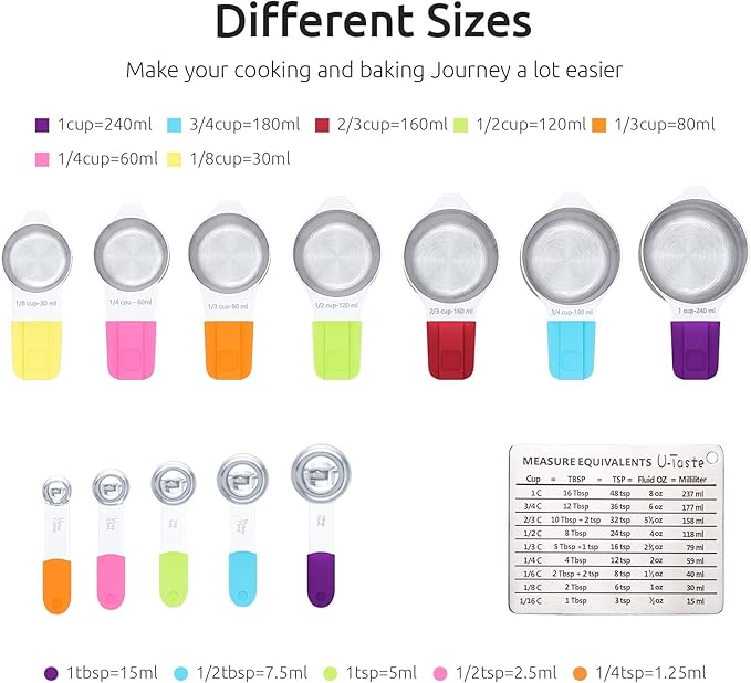 Measuring Cups, U-Taste Magnetic Measuring Cups and Spoons Set of 13 in 18/8 Stainless Steel: 7 Measuring Cups and 5 Measuring Spoons with 1 Professional Magnetic Measurement Conversion Chart - Image 2