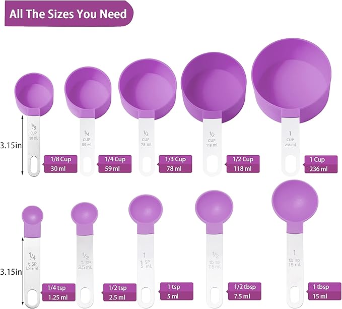 Measuring Cups and Spoons Set of Huygens Kitchen Gadgets 10 Pieces, Stackable Stainless Steel Handle Measuring Cups for Measuring Dry and Liquid Ingredient (Mauve) - Image 2