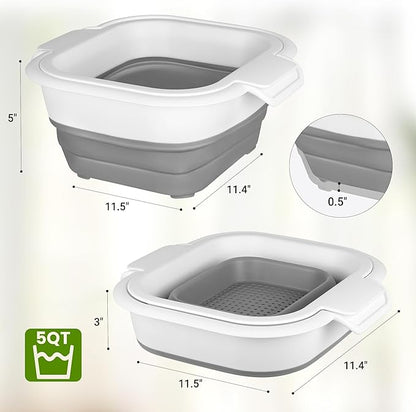 ROTTOGOON Collapsible Colander Set with Strainer Bowl, 2 in 1 Fruit Washing Basket with Strainer, 5 + 3 QT Plastic Colanders for Kitchen, Foldable Double Layered Colanders Bowl for Vegetable, Grey - Image 2