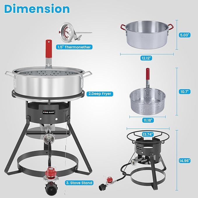 Fire Riot 10QT Outdoor Fish Fryer Kit – Heavy-Duty Aluminum Pot, 6.7QT Basket, Propane Deep Fryer with 0-10 PSI Regulator & Steel Frame – Ideal for Seafood & More