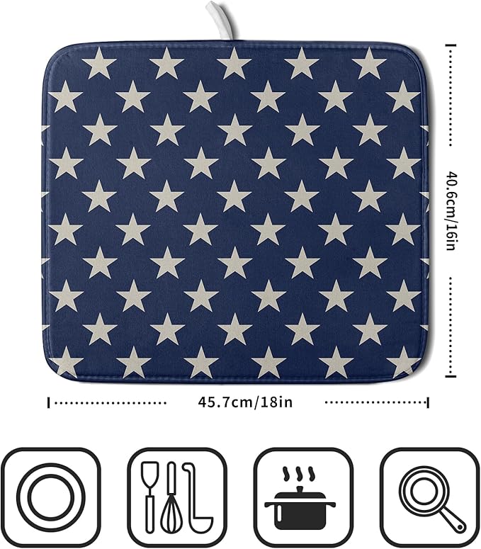 Patriotic July of 4th Blue Star Dish Drying Mat for Kitchen Counter 16x18 Memorial Independence Day Absorbent Reversible Microfiber Drying Mats Kitchen Countertop Protector Dishes Drainer Pad - Image 2