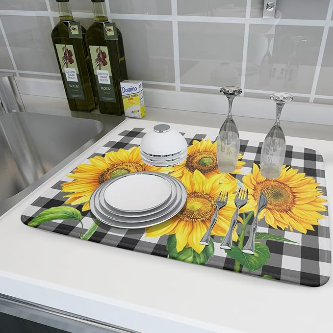Sunflower Dish Drying Mat for Kitchen Counter Black White Buffalo Plaid Microfiber Absorbent Dish Draining Reusable Washable Foldable Extra Large 18"x24" - Image 6