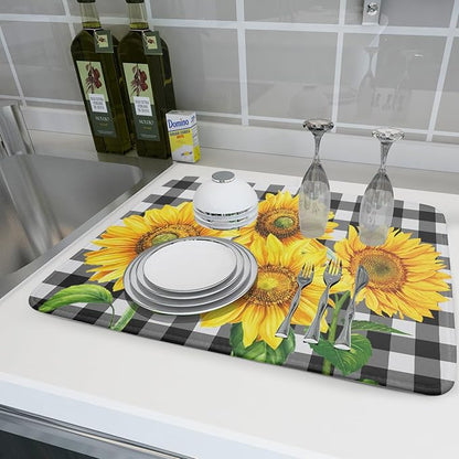 Sunflower Dish Drying Mat for Kitchen Counter Black White Buffalo Plaid Microfiber Absorbent Dish Draining Reusable Washable Foldable Extra Large 18"x24" - Image 6