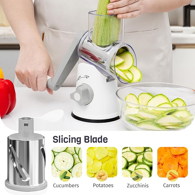 Rotary Cheese Grater Hand Crank, 3 Blades Slicer Shredder, Cheese Grater for Kitchen, Multi-Functional Kitchen Tool for Vegetables, Nuts, Chocolate, with Strong Suction Base, White - Image 3