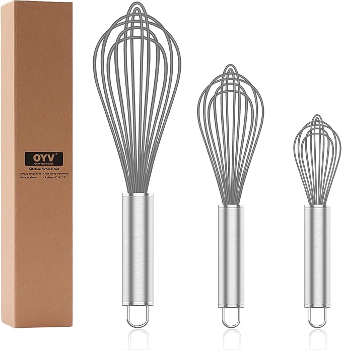 OYV Grey Silicone Whisk, Professional Whisks For Cooking Non-Scratch, Stainless Steel & Silicone Wisk, Plastic Rubber Whisk Tool For Nonstick Cookware Pans, Silicon Wisks Set of 3 by OYV