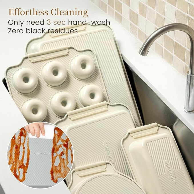 Kikcoin 25 PCS Stackable Baking Pans Set, Non-stick Bakeware Sets with Silicone Handles, 450°F Oven Safe Cookie Sheets for Baking, Easy Release Heavy-duty Baking Sheets Non Stick, Cream - Image 6