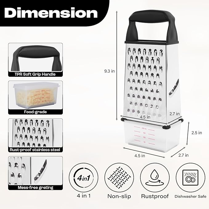 Professional Box Cheese Grater with Container & Handle – Durable Stainless Steel Cheese Shredder for Kitchen, Multi-Sided Food Chopper for Kitchen Use – Black - Image 2