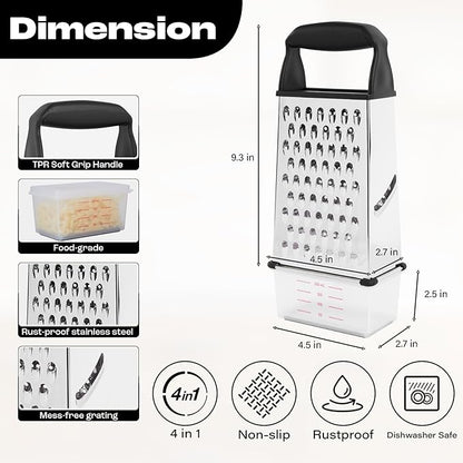 Professional Box Cheese Grater with Container & Handle – Durable Stainless Steel Cheese Shredder for Kitchen, Multi-Sided Food Chopper for Kitchen Use – Black - Image 2