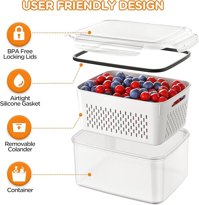 6 PCS Fruit Storage Containers for Fridge with Removable Colanders, 6 Plastic Food Storage Containers with 6 Lids, Leakproof Produce Containers Keep Fruits, Vegetables, Berry, Meat Fresh Longer - Image 5