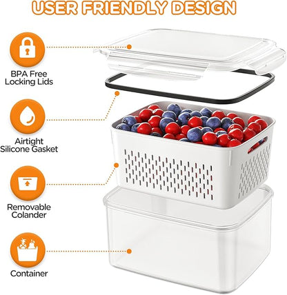 5-Pack Fruit Storage Containers for Fridge with Removable Colanders, 4 in 1 Produce Storage Containers with Lids, Leakproof Fridge Organizer Bins for Salad Berry Lettuce Vegetables Meat Keeper Fresh - Image 4