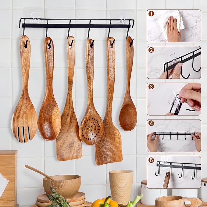 6x Large Wooden Spoons for Cooking Kitchen Utensil Set Smooth Finish Wooden Cooking Utensils Spoons Filter Spoon and Salad Fork Accessories+1x Kitchen Hooks for Hanging Utensils Rack