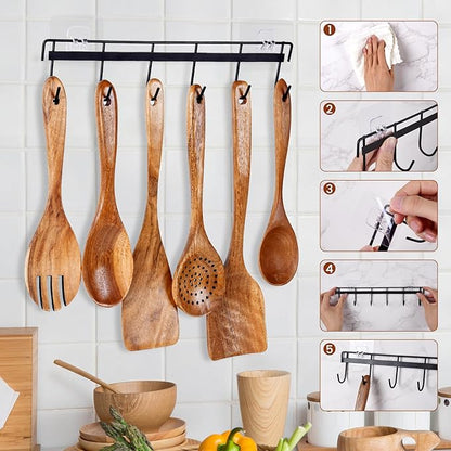 6x Large Wooden Spoons for Cooking Kitchen Utensil Set Smooth Finish Wooden Cooking Utensils Spoons Filter Spoon and Salad Fork Accessories+1x Kitchen Hooks for Hanging Utensils Rack