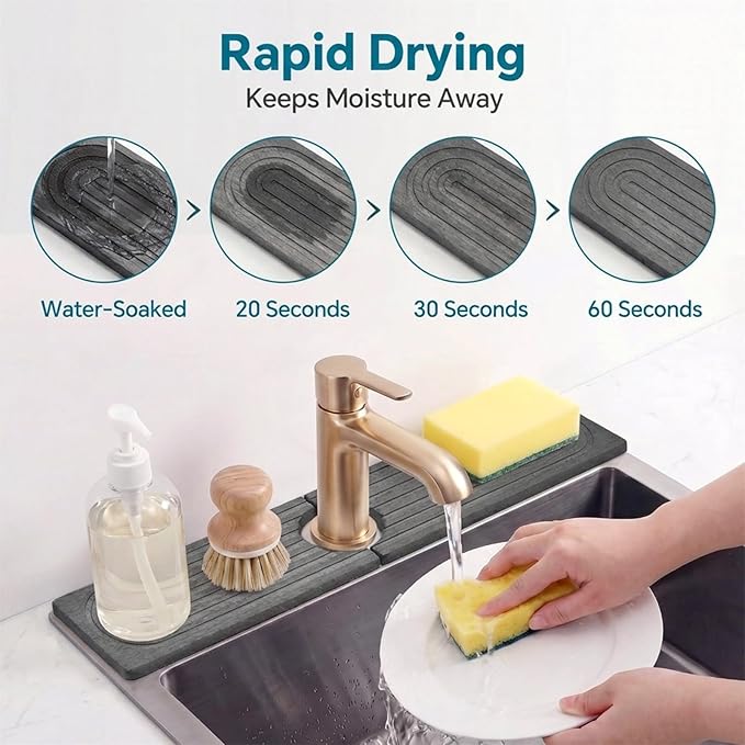 Stone Faucet Mat for Kitchen Sink-Diatomite Drying Stone Mat& Sink Protector,Quick Dry Water Absorbing Stone Tray ,Sink Splash Guard for Kitchen Counter & Bathroom Counter (Dark Grey, 15.7"x3.9") - Image 3