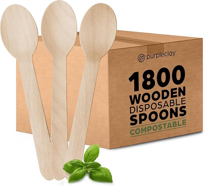 Wooden Disposable Spoons - 1800 Pieces Wood Compostable Spoons - Eco-Friendly Biodegradable Utensils for Party - Free From Plastic Cutlery Set - Disposable Cutlery for Eating - Compostable Utensils by Purpleclay
