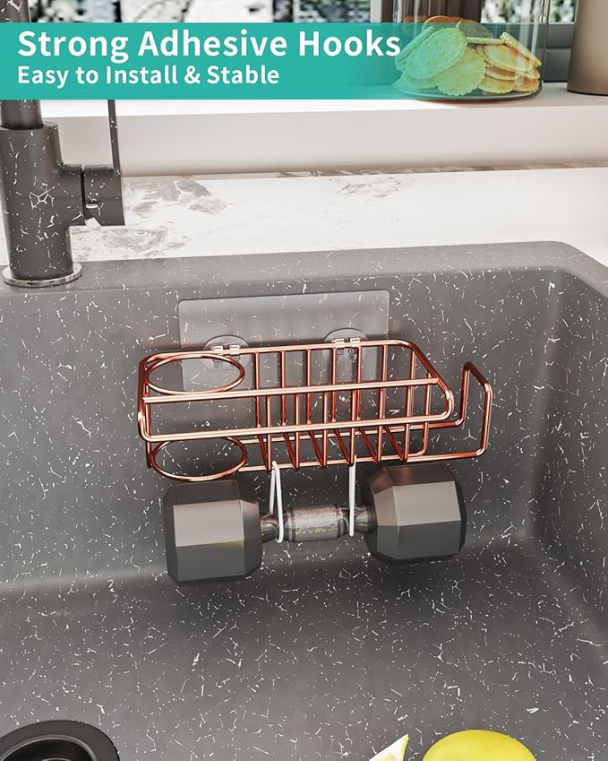 HapiRm Sponge Holder for Kitchen Sink, No Drill Kitchen Sink Caddy Organizer, Rustproof and Waterproof Dish Sponge Holder - Rose Gold - Image 2