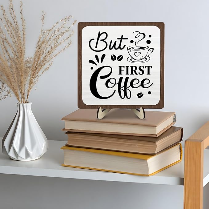Coffee Bar Sign Plaque, Coffee Bar Accessories,Rustic Farmhouse Cafe Sign for Kitchen Office,Wooden Tabletop Plaque with Stand,Cute Mini Café Bar Decor Gift 5.9x5.9inch - Image 4