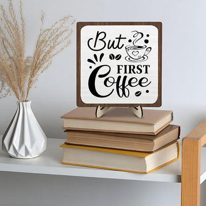 Coffee Bar Sign Plaque, Coffee Bar Accessories,Rustic Farmhouse Cafe Sign for Kitchen Office,Wooden Tabletop Plaque with Stand,Cute Mini Café Bar Decor Gift 5.9x5.9inch - Image 4